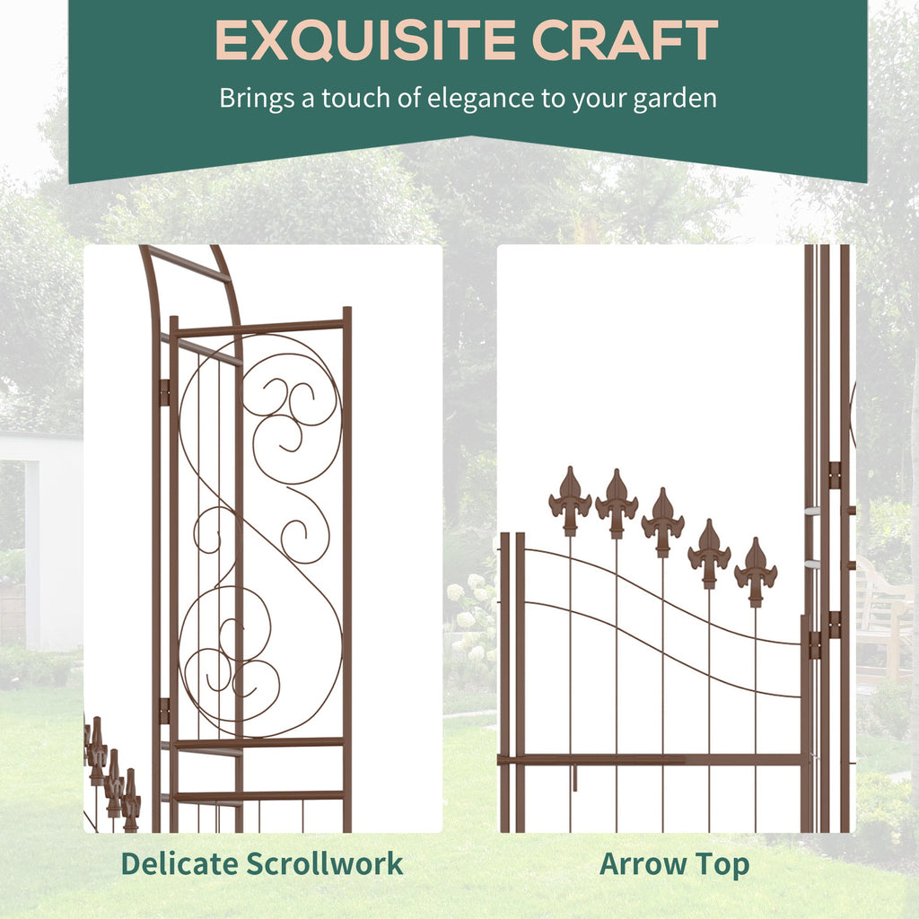 7' Metal Garden Arbor with Gate and Planter Shelves, Brown
