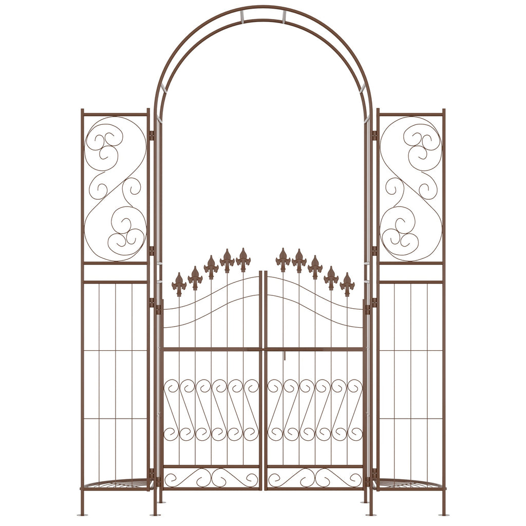 7' Metal Garden Arbor with Gate and Planter Shelves, Brown