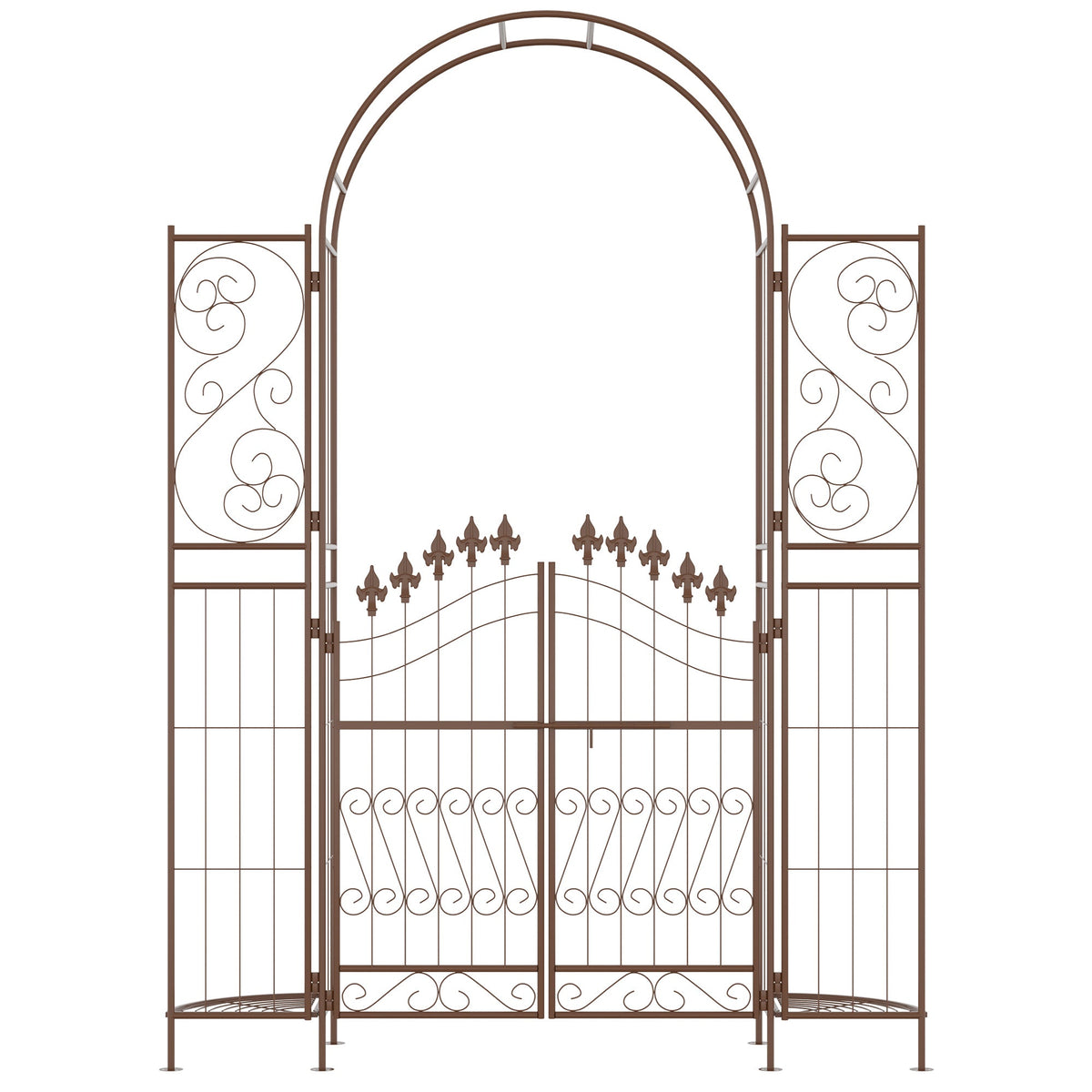 7' Metal Garden Arbor with Gate and Planter Shelves, Brown