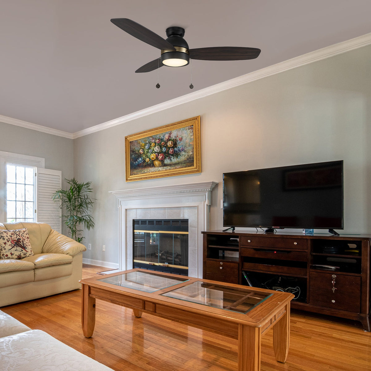 GREENWOOD 52" 3-Blade Flush Mount Ceiling Fan with LED Light & Pull Chain