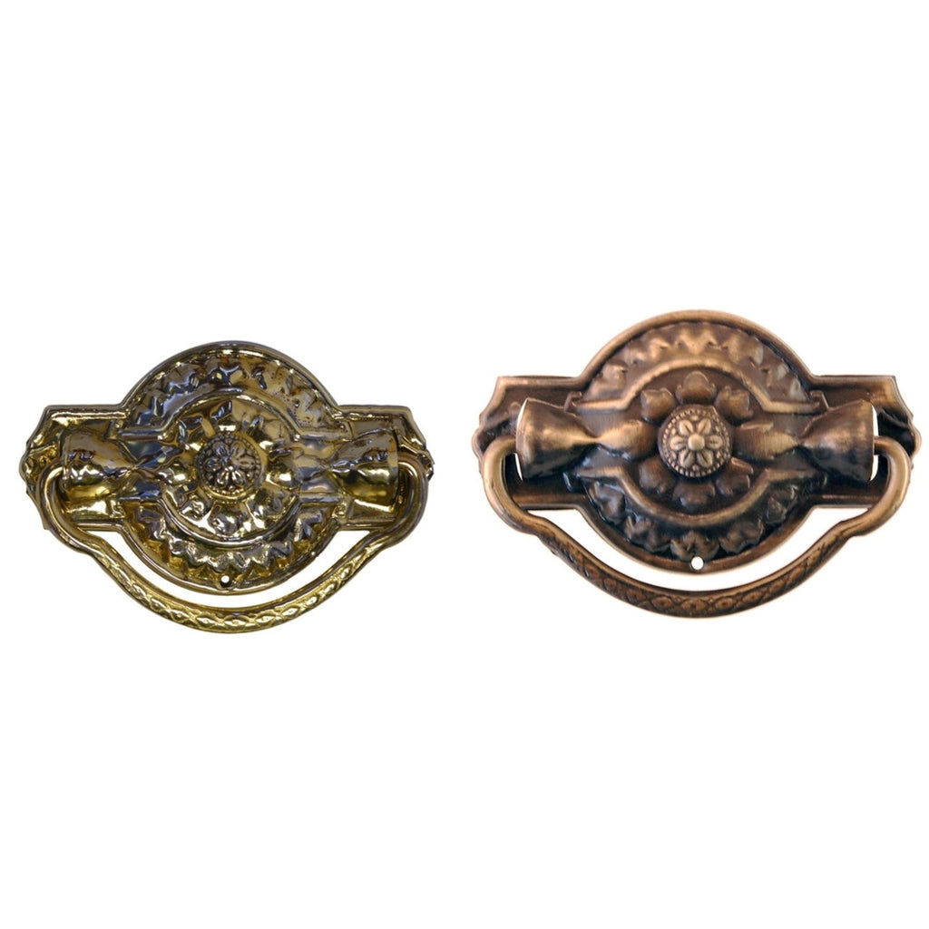 Colonial Revival Drawer Pull – Ornate Stamped Brass Back Plate, Cast Brass Handle, 1 7/8" x 3", Includes Mounting Hardware