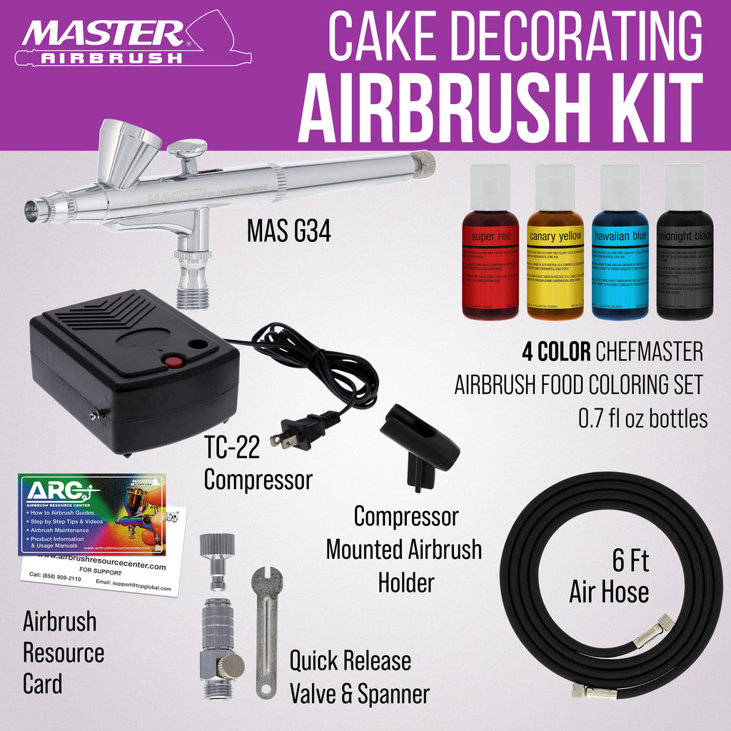Cake Airbrush Decorating Kit with Dual-Action Air Brush (G34), Multi-Purpose Mini Air Compressor, 4 Chefmaster Food Colors, Hose, &