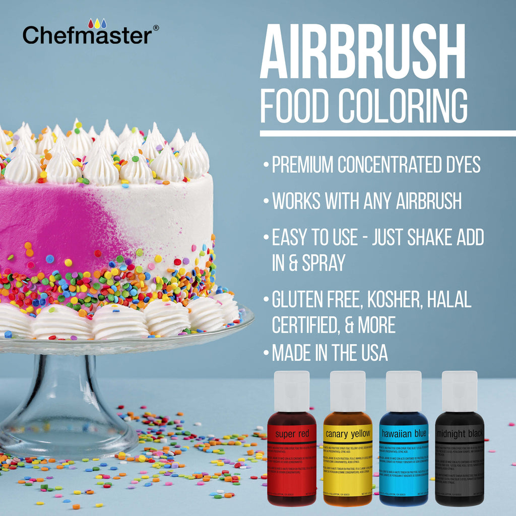 Cake Airbrush Decorating Kit with Dual-Action Air Brush (G34), Multi-Purpose Mini Air Compressor, 4 Chefmaster Food Colors, Hose, &