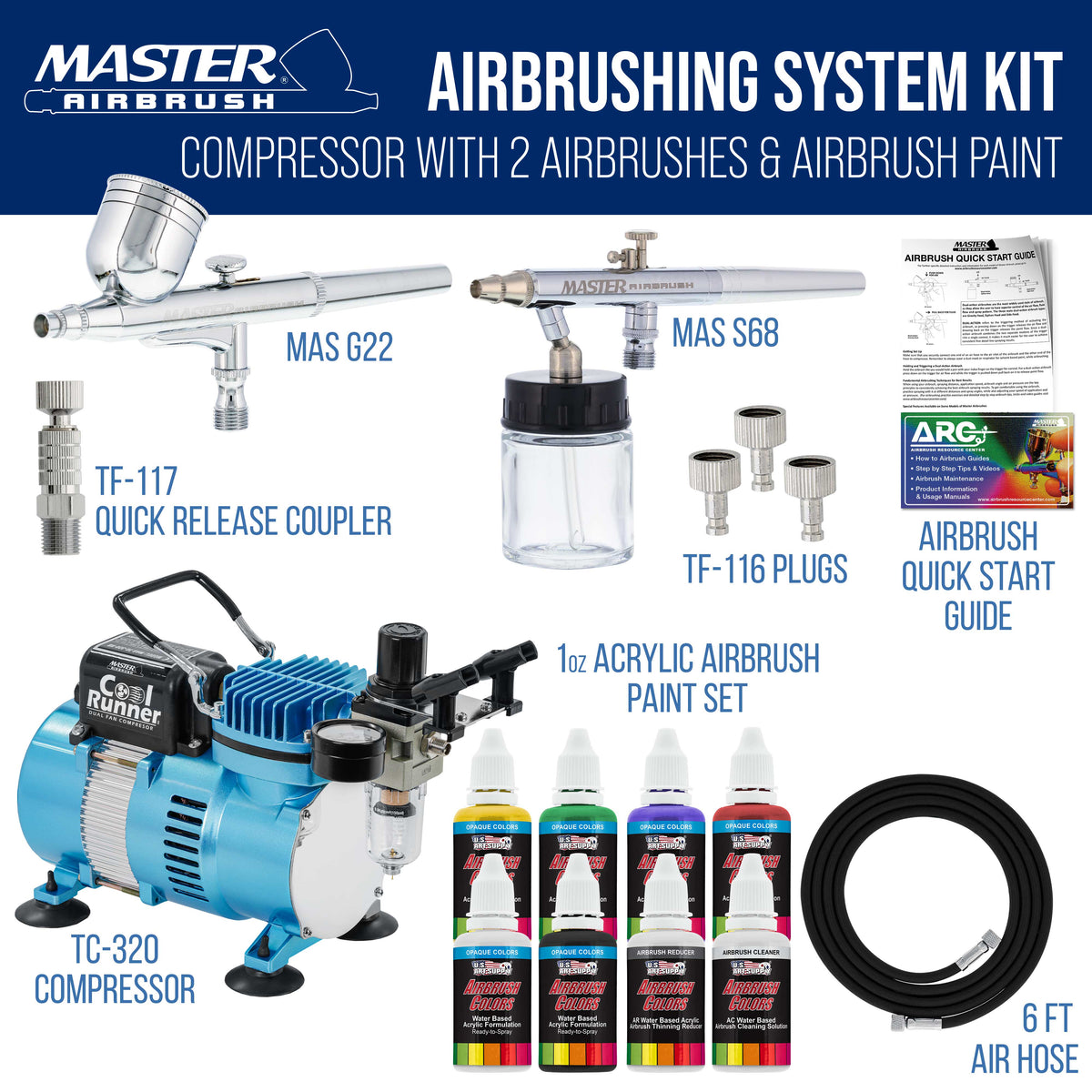Cool Runner II with Air Compressor Dual Fan, Gravity & Siphon Feed Airbrush Set, 6 Color Acrylic Paints Primary Opaque Colors Manual