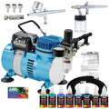 Cool Runner II with Air Compressor Dual Fan, Gravity & Siphon Feed Airbrush Set, 6 Color Acrylic Paints Primary Opaque Colors Manual