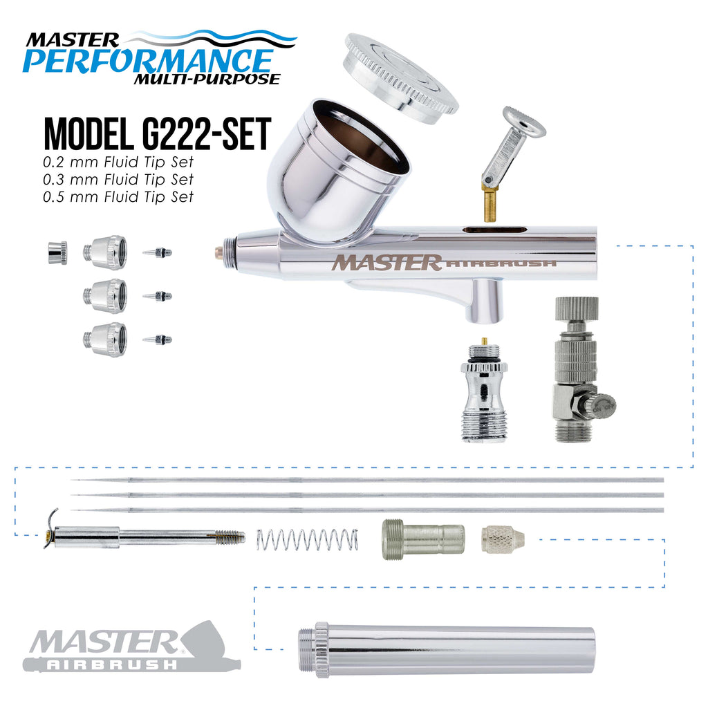 Cool Runner II Dual Fan Air Compressor System Kit with a Pro Set G222 Gravity Airbrush Kit with 3 Tips 0.2, 0.3 & 0.5 mm - Hose, Holder, How-to Guide