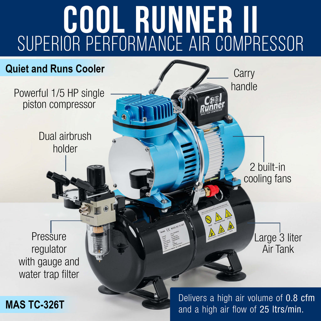 Cool Runner II Dual Fan Air Brush Compressor System - Professional Gravity Airbrush Kit with Compressor, 3 Tips, 12 Createx Wicked