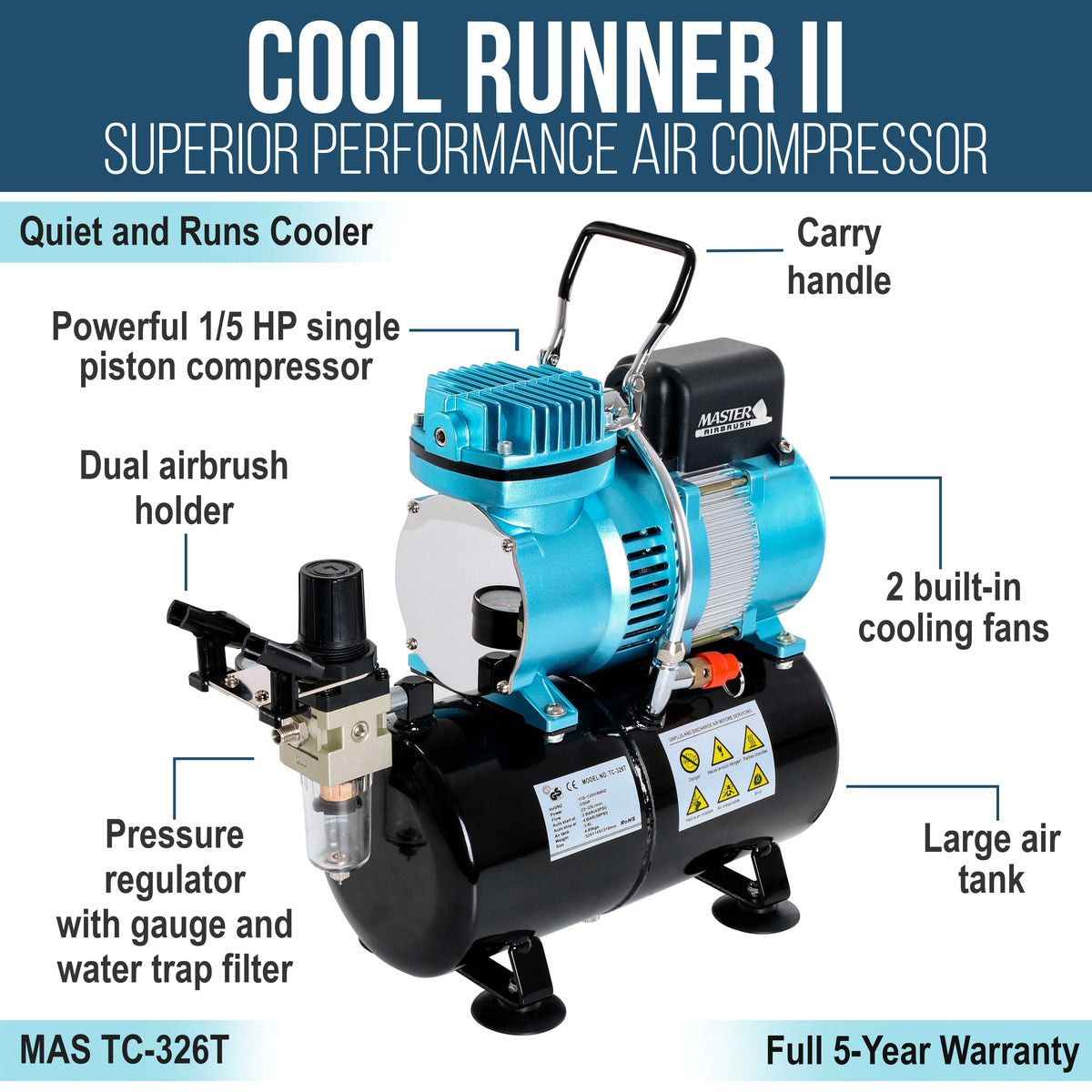 Cool Runner II Dual Fan Air Storage Tank Compressor System with Fine Detail Control Gravity Feed Dual-Action Airbrush Set with 0.2 mm Tip Hose, Holder