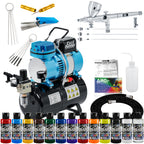 Multi-Purpose with Air Compressor - G444 Airbrush, TC-326T Dual Fan Tank Compressor, 3 Needle Nozzle Tips, 12 Createx Wicked Acrylic