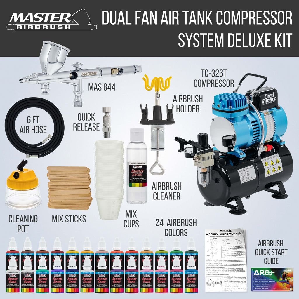 Cool Runner II Dual Fan Air Storage Tank Compressor System Kit with a G44 Fine Detail Control 0.2mm Tip Airbrush, 24 Color Acrylic