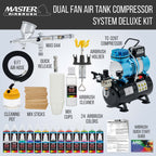 Cool Runner II Dual Fan Air Storage Tank Compressor System Kit with a G44 Fine Detail Control 0.2mm Tip Airbrush, 24 Color Acrylic