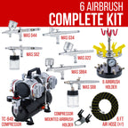 6 Master Model G22, G34 & G44 Gravity Feed, S62 & S68 Siphon Feed, S68 Side Feed Airbrushes with 4 Cylinder Piston Air Compressor with Storage Tank