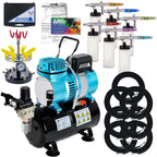 6 HI-FLOW All-Purpose Precision Dual-Action Siphon Feed Airbrushes with High Performance Airbrush Air Compressor with Air Storage Tank