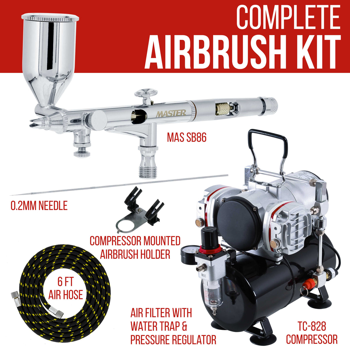 High Precision Detail Control Dual-Action Side Feed Airbrush Set with Twin Cylinder Piston Airbrush Compressor with Air Storage Tank