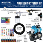 Cool Runner II Airbrush Kit with Dual Fan Air Compressor, 3 Liter Air Storage Tank, 3 Airbrushes, 6 Color Acrylic Paint Set, Brushes