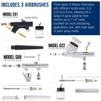 1/4 HP Twin Cylinder Airbrush Kit with Cool Running Air Compressor, 3 Liter Air Storage Tank, 3 Airbrushes, 6 Color Acrylic Paint