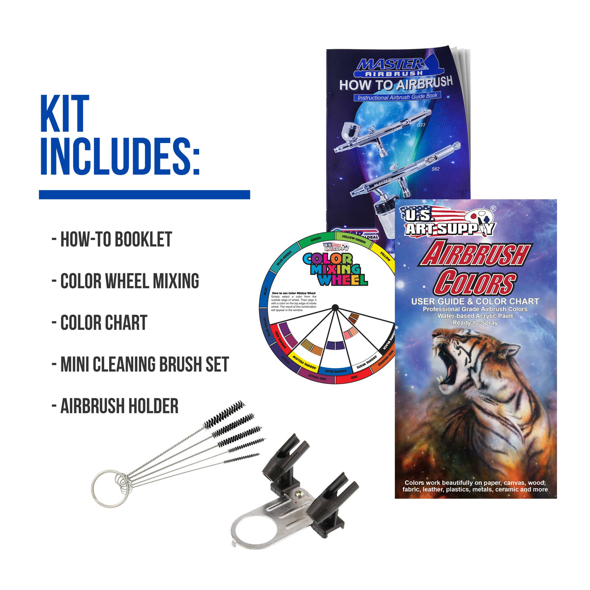 1/4 HP Twin Cylinder Airbrush Kit with Cool Running Air Compressor, 3 Liter Air Storage Tank, 3 Airbrushes, 6 Color Acrylic Paint