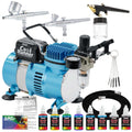 Cool Runner II Airbrush Kit with Dual Fan Air Compressor, 6 Primary Opaque Colors Acrylic Paint Set, 3 Airbrushes, Cleaning Brushes