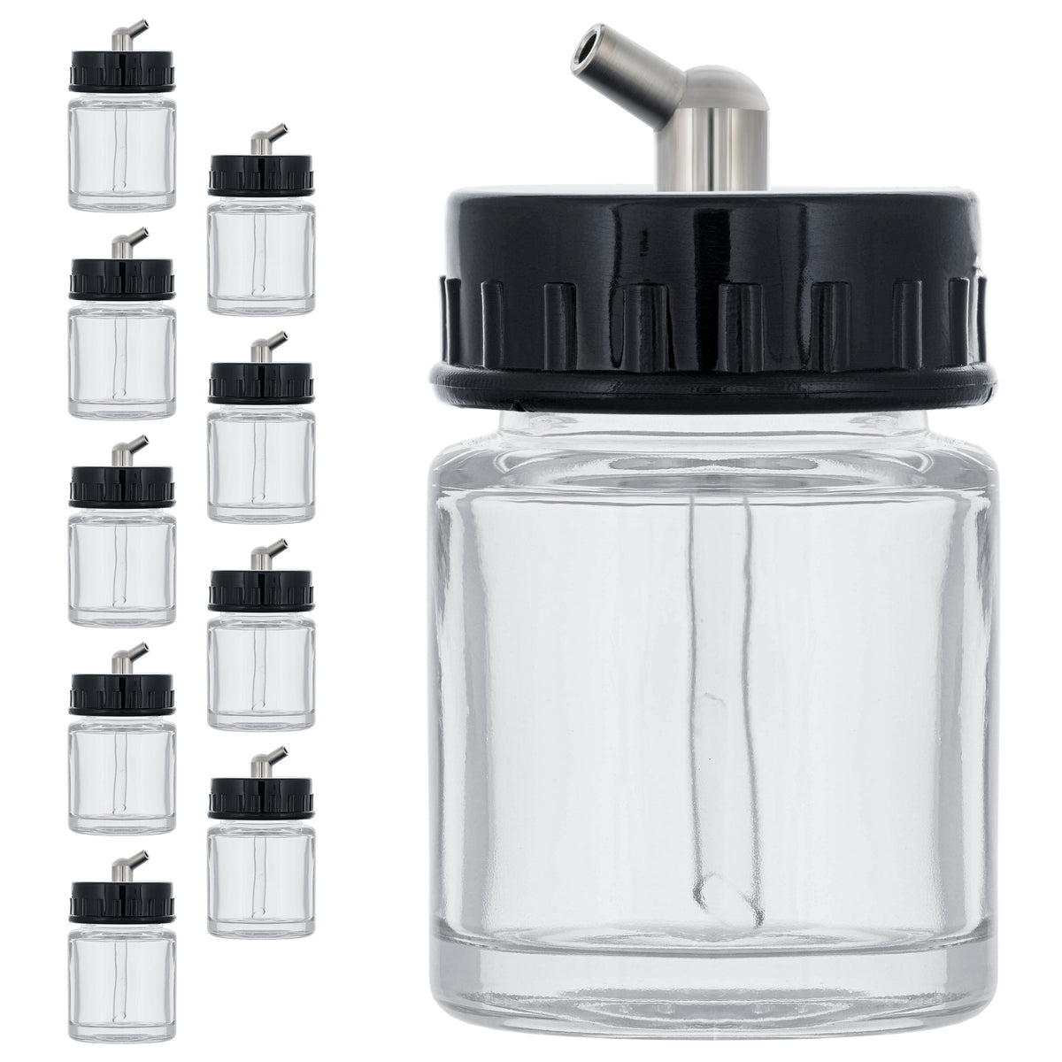 10 Pack TB-003, 3/4 oz Glass Jar Bottles with 60 degree Down Angle Adaptor Lid Assembly, Single-Action Siphon