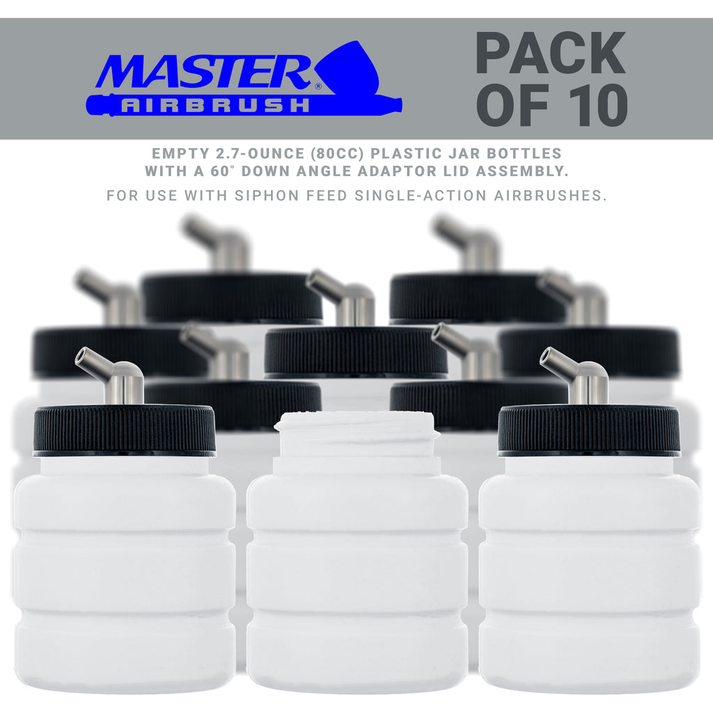 10 Pack TB-005, 2.7oz Plastic Jar Bottles with 60Â­ Down Angle Adaptor Lid Assembly, Single-Action Siphon