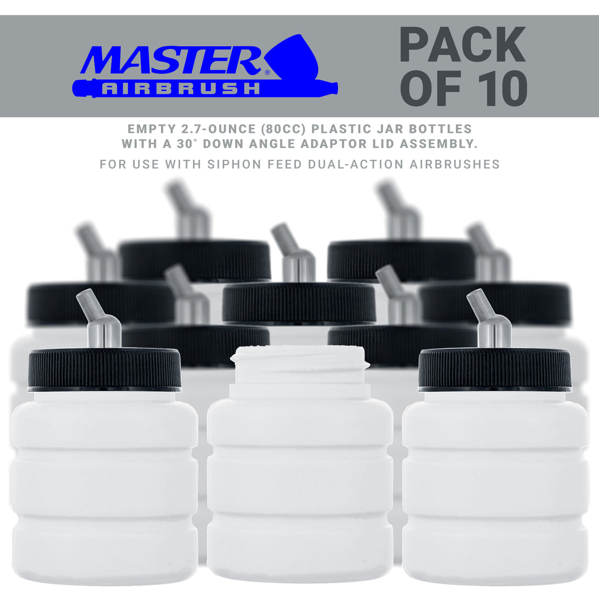 10 Pack TB-006, 2.7 oz Plastic Jar Bottles with 30 degree Down Angle Adaptor Lid Assembly, Dual-Action Siphon