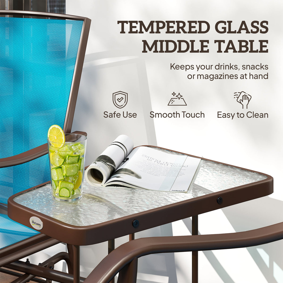 Double Patio Glider Chair with Glass Top Center Table, All Weather Breathable Mesh Fabric, Blue