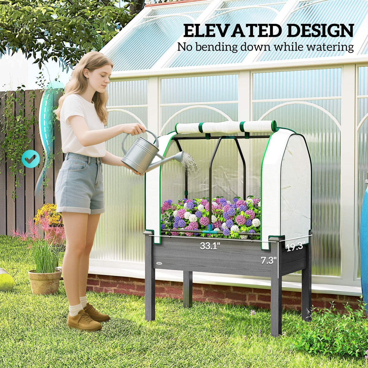 Raised Garden Bed with PE Greenhouse Cover for Herbs and Vegetables, 35 x 22 x 47 inch, Dark Gray