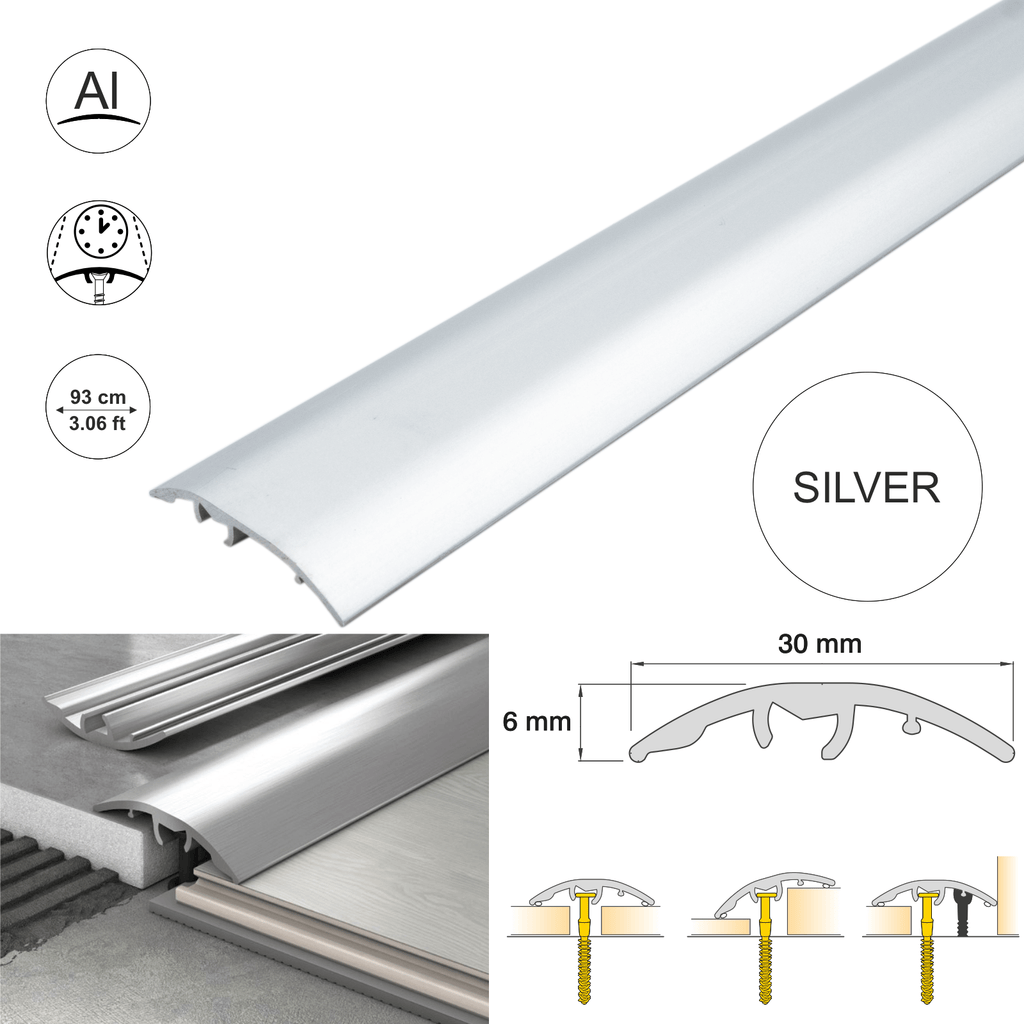 Silver aluminium floor threshold strip, 30mm wide, 93cm length. All-in-one adjustable transition bar for joining floors of different heights. Includes installation diagram and dimensions