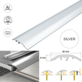 Silver aluminium floor threshold strip, 30mm wide, 93cm length. All-in-one adjustable transition bar for joining floors of different heights. Includes installation diagram and dimensions