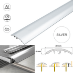 Silver aluminium floor threshold strip, 30mm wide, 93cm length. All-in-one adjustable transition bar for joining floors of different heights. Includes installation diagram and dimensions