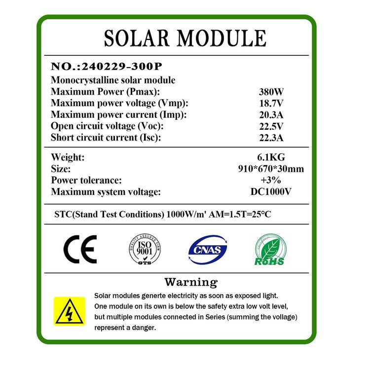 2 Pack 380W 12V StarPower Monocrystalline Fixed Solar Panels – 760W Bundle
