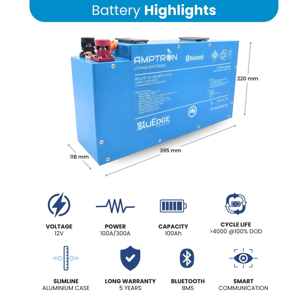 Amptron BluEdge 12V 100Ah Slimline Lithium LiFePO4 Battery 1,280Wh