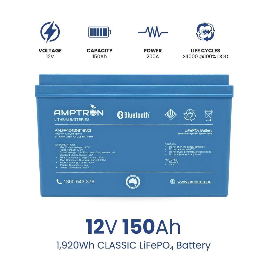 Amptron® 12V 150Ah LiFePO4 Deep Cycle Battery with Bluetooth - 1920Wh | BCI Group 31