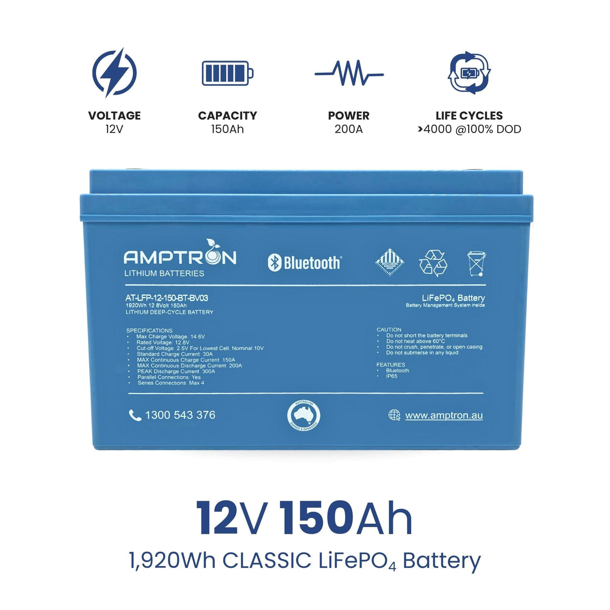 Amptron® 12V 150Ah LiFePO4 Deep Cycle Battery with Bluetooth - 1920Wh | BCI Group 31