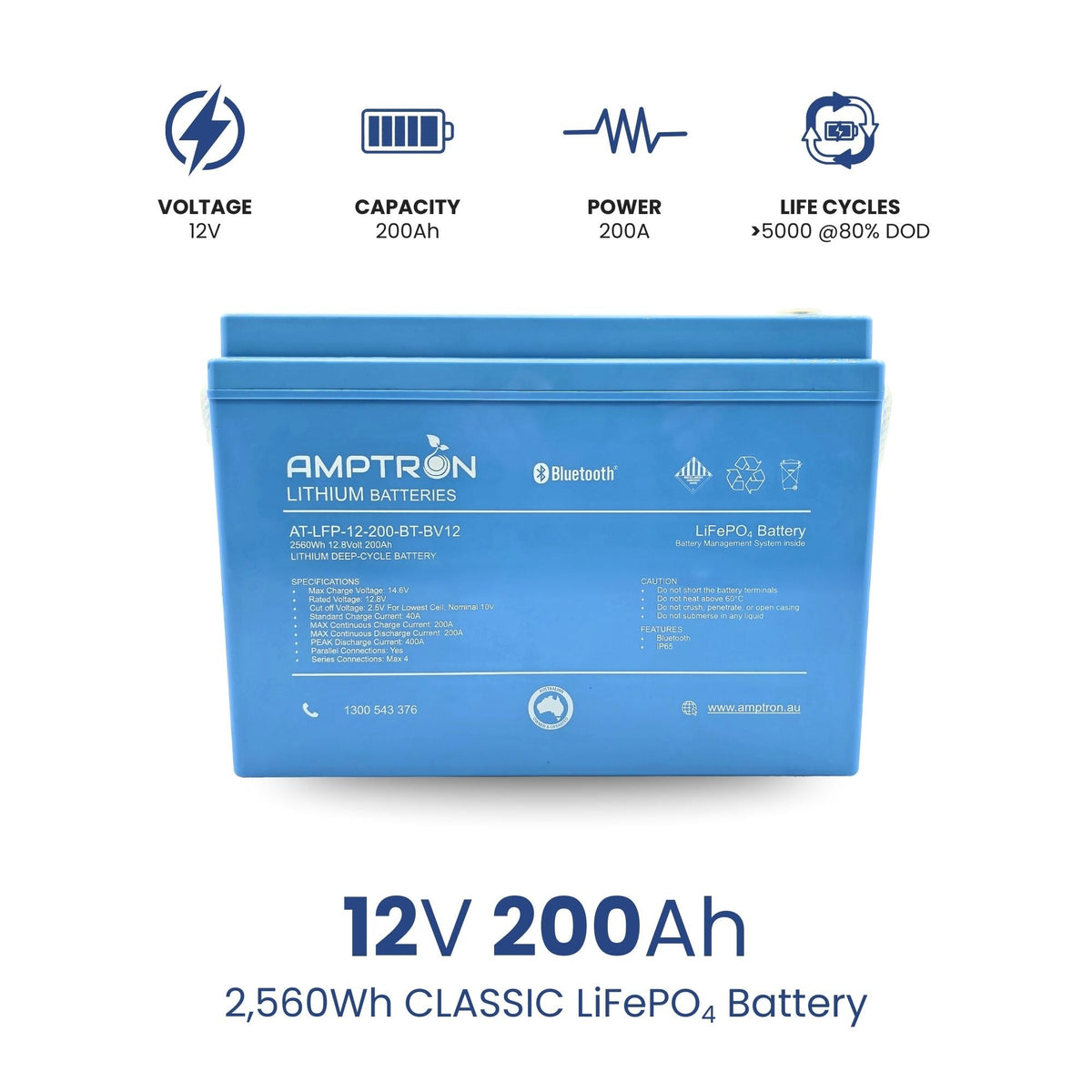 Amptron® 12V 200Ah LiFePO4 Deep Cycle Battery with Bluetooth - 2,560Wh