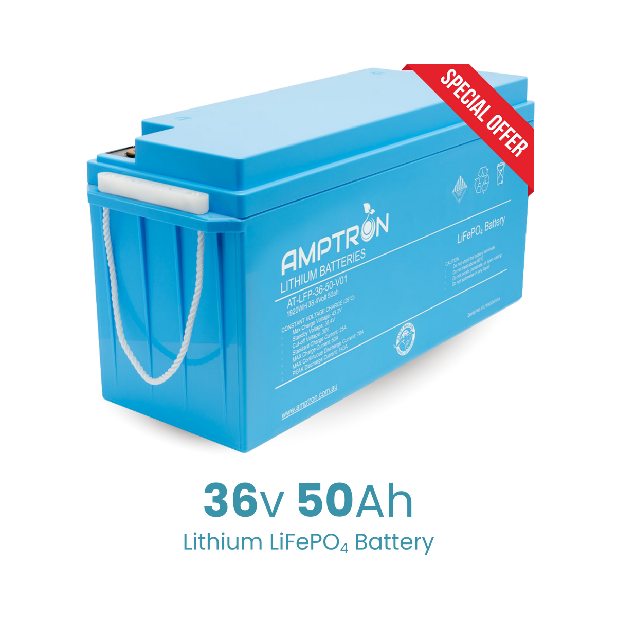 Amptron 36V 50Ah IP65 Lithium LiFePO4 Battery - 1920Wh