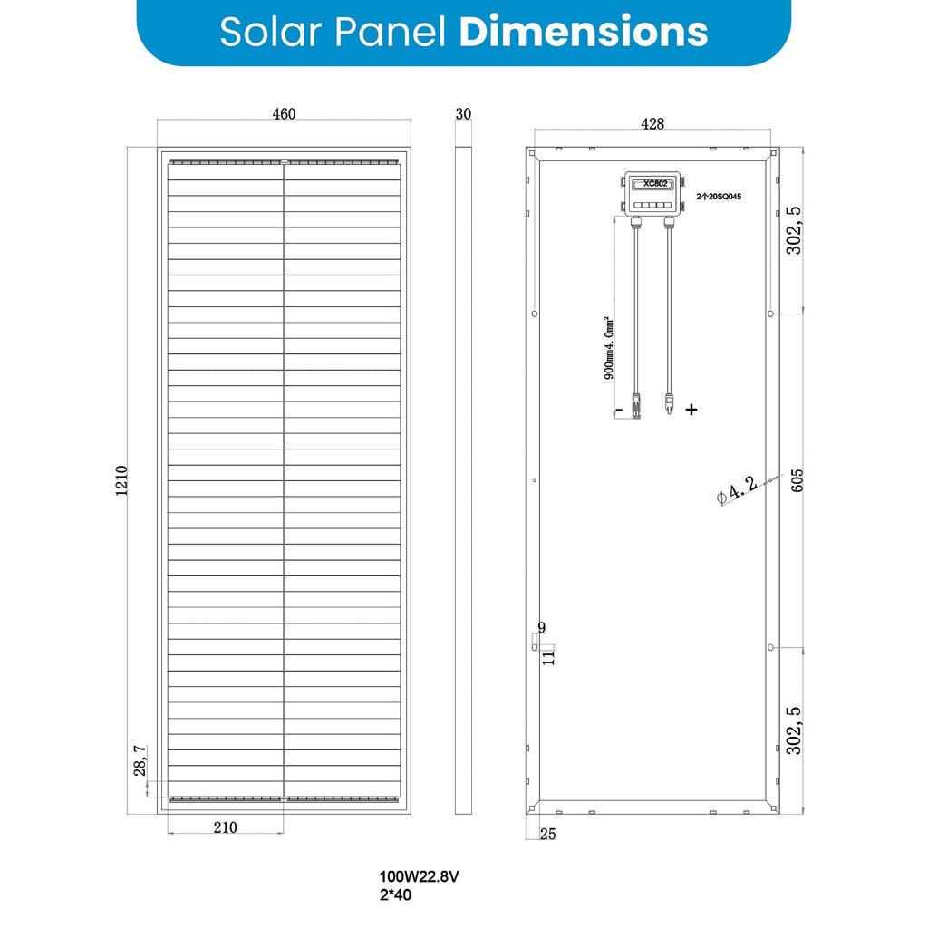 100W 12V Glass Perc Shingled Solar Panel 35mm Slimline width 460mm