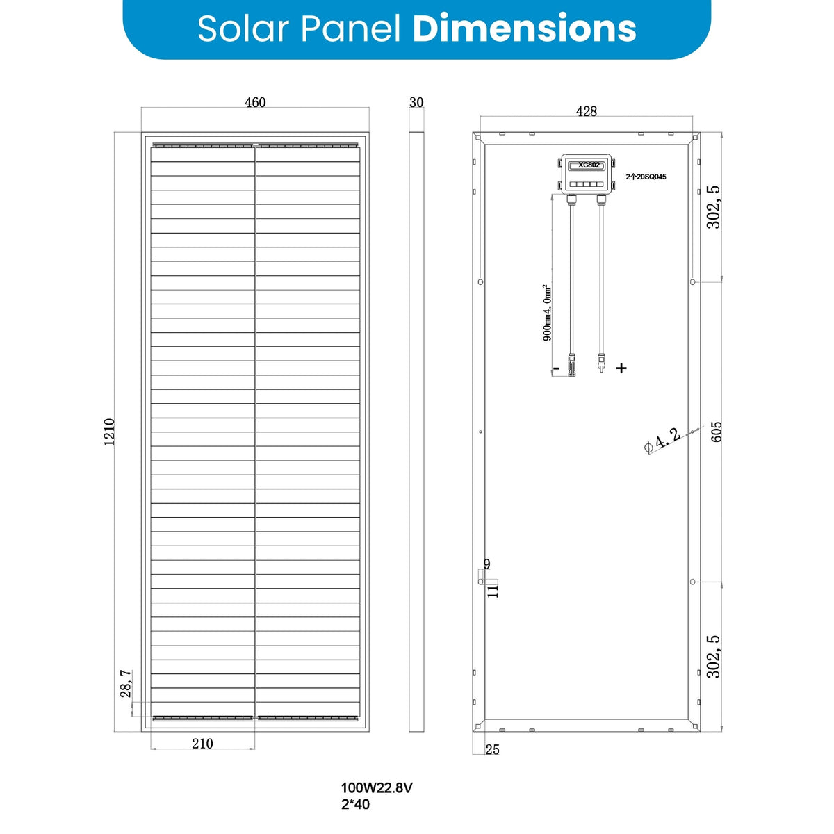100W 12V Glass Perc Shingled Solar Panel 35mm Slimline width 460mm