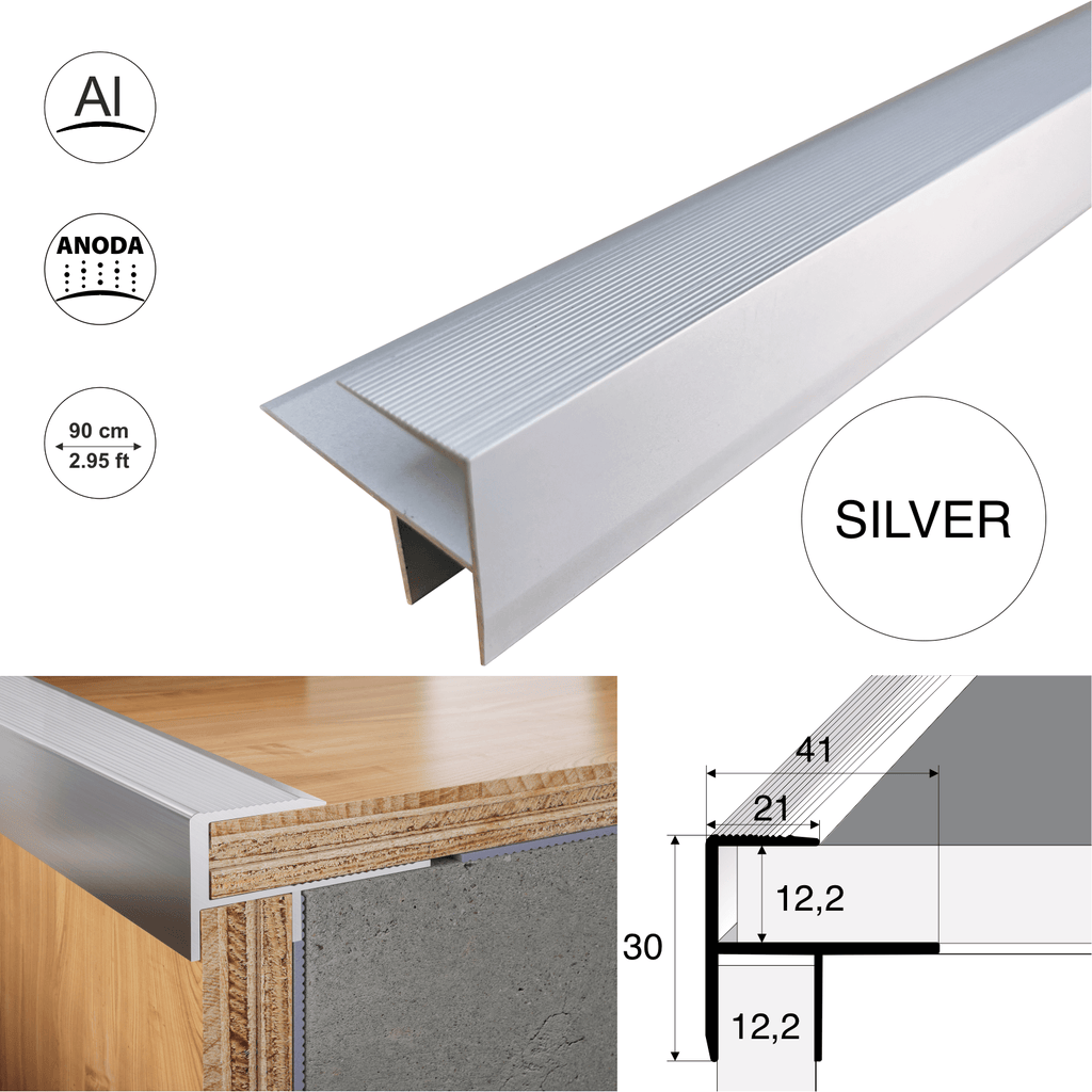 Aluminium Stair Nosing Push-In Edge Trim Hardwood Step Edging 30 x 21mm S60