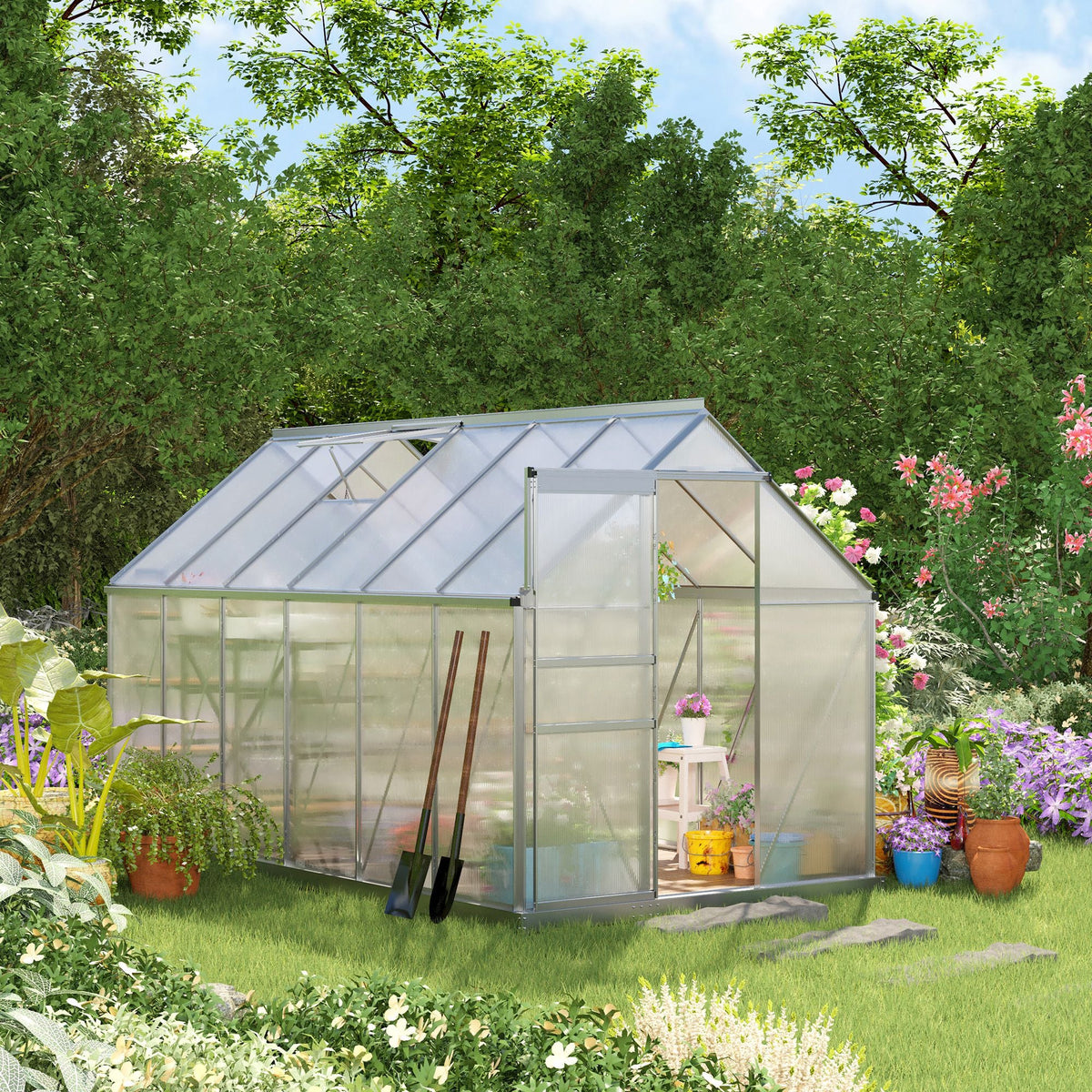 BloomGreen 6' x 12' x 6.5' Polycarbonate Greenhouse with Adjustable Roof Vent & Sliding Door, Clear