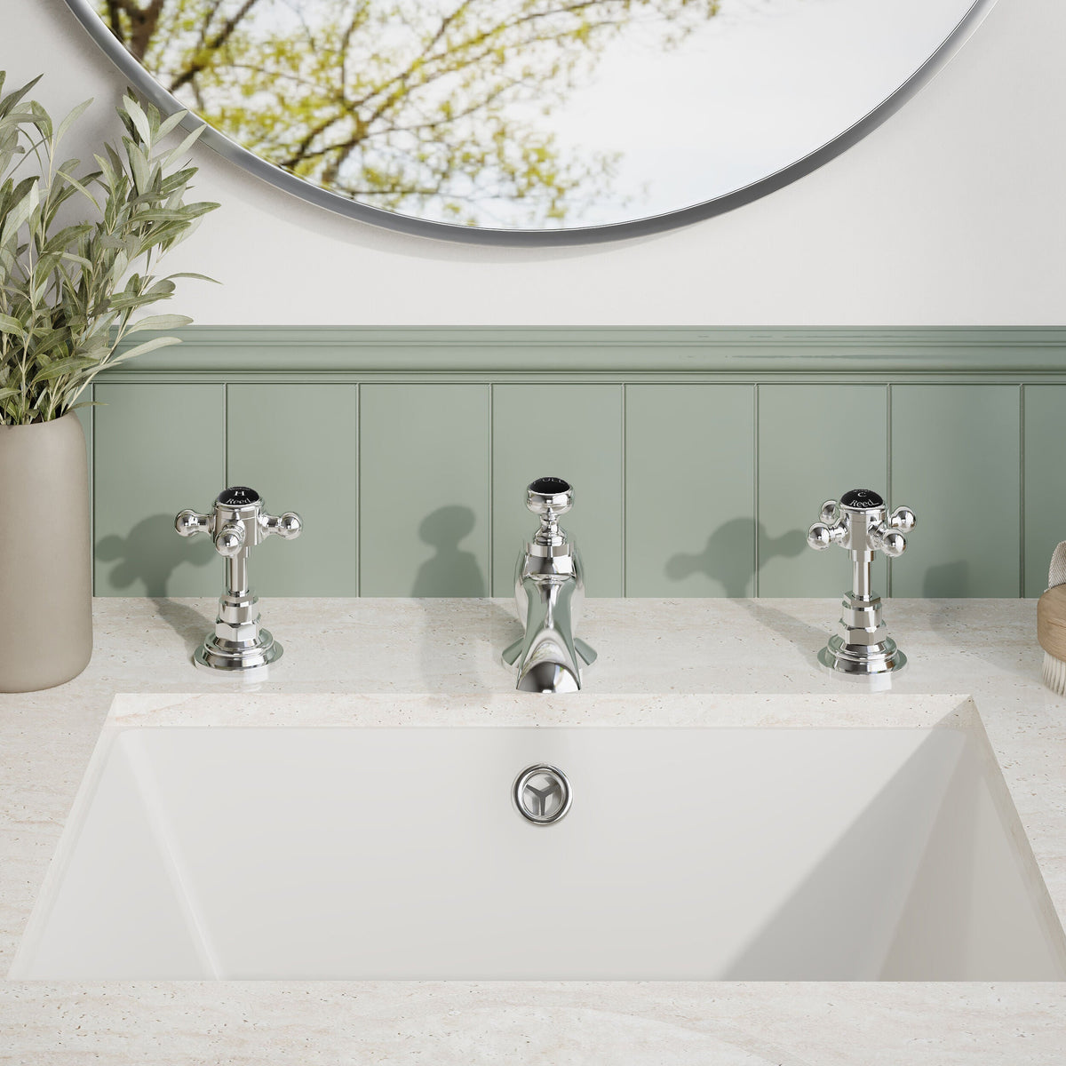Claremont Topaz Hexagonal Collar 3 Hole Basin Mixer Tap with Pop Up Waste