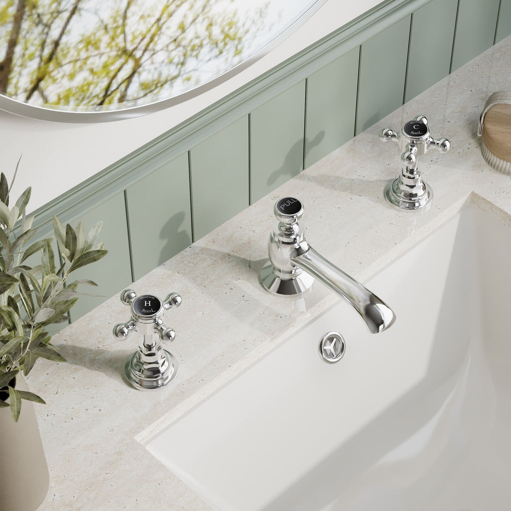 Claremont Topaz Hexagonal Collar 3 Hole Basin Mixer Tap with Pop Up Waste