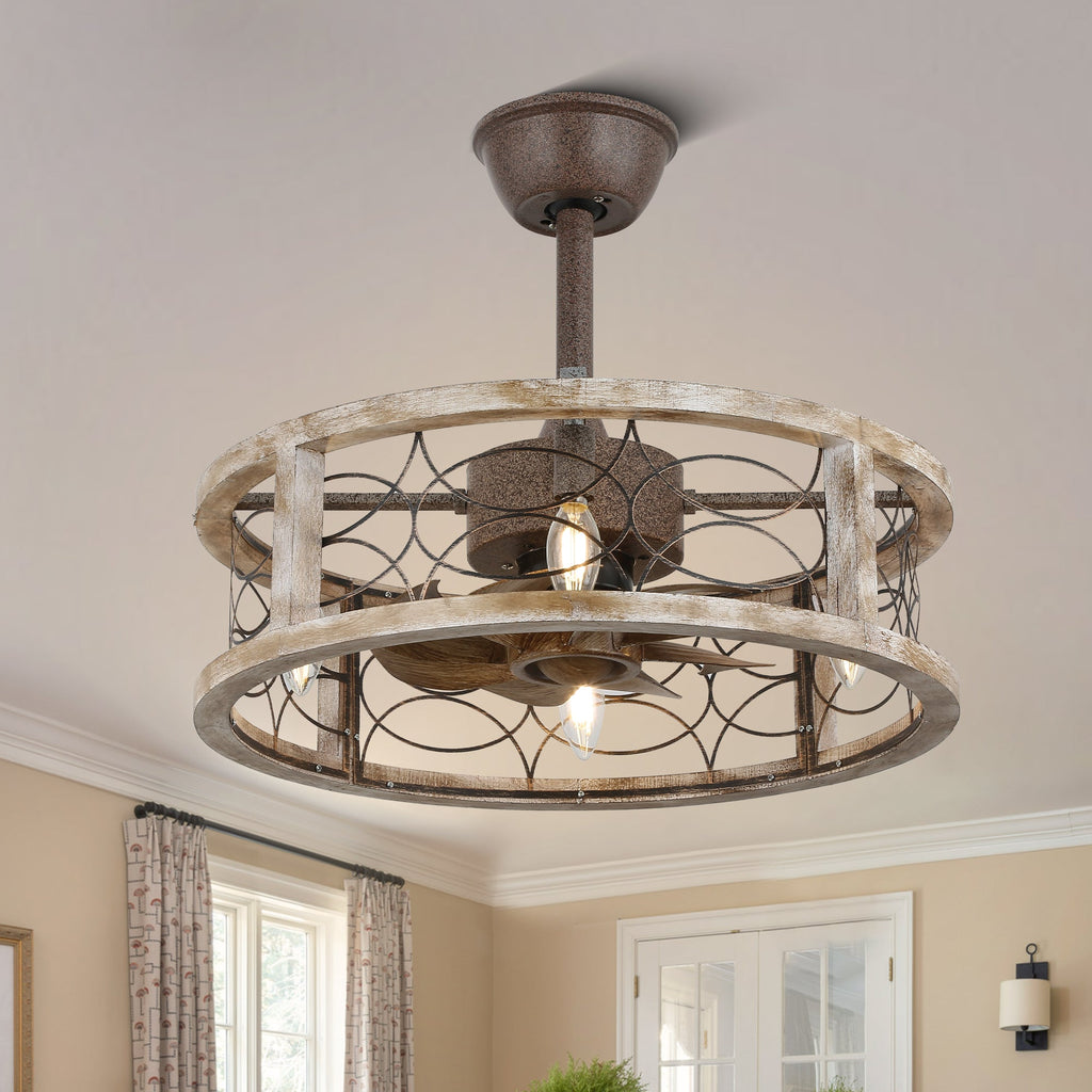18 Inch Farmhouse Distressed Metal Caged Ceiling Fan with Lights and Remote, 6 Speeds DC Motor Bladeless Fandelier Ceiling Fan
