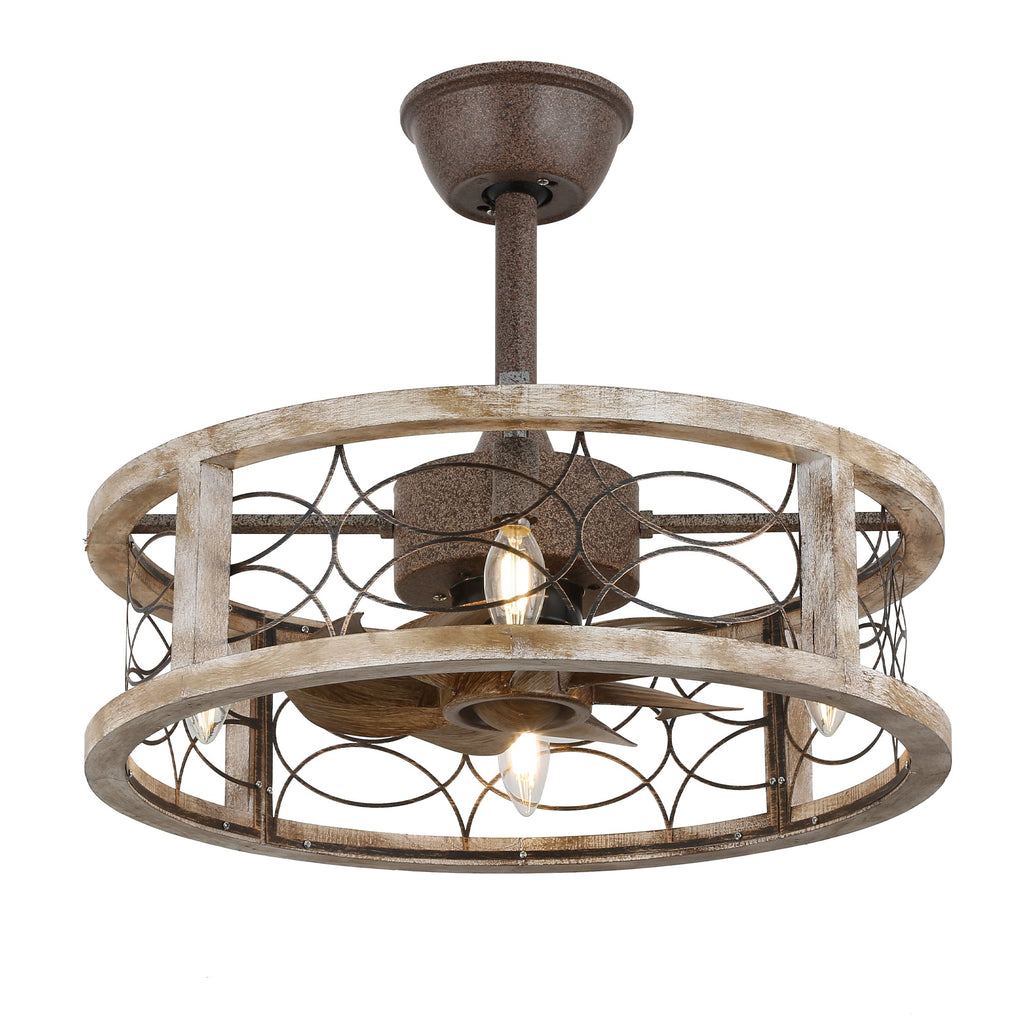 18 Inch Farmhouse Distressed Metal Caged Ceiling Fan with Lights and Remote, 6 Speeds DC Motor Bladeless Fandelier Ceiling Fan