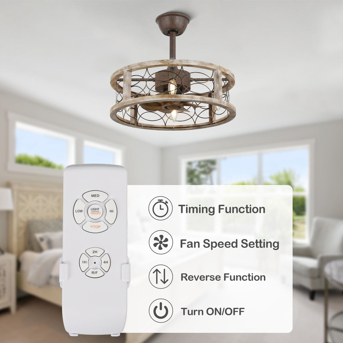 18 Inch Farmhouse Distressed Metal Caged Ceiling Fan with Lights and Remote, 6 Speeds DC Motor Bladeless Fandelier Ceiling Fan