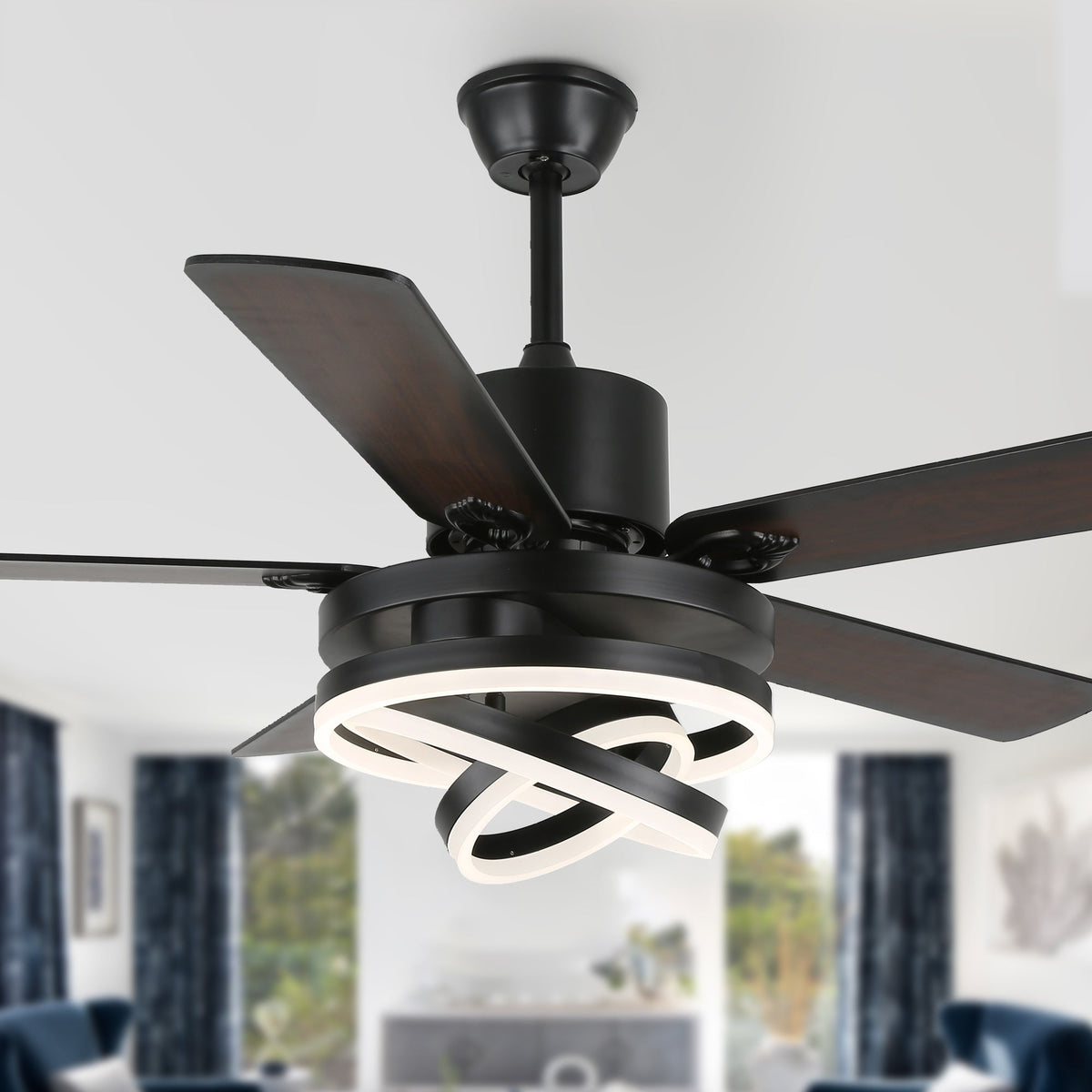 52 Inch Modern Ceiling Fan with LED Light and Remote Control, 6 Speeds DC Motor Reversible Ceiling Fan with DIY Shade