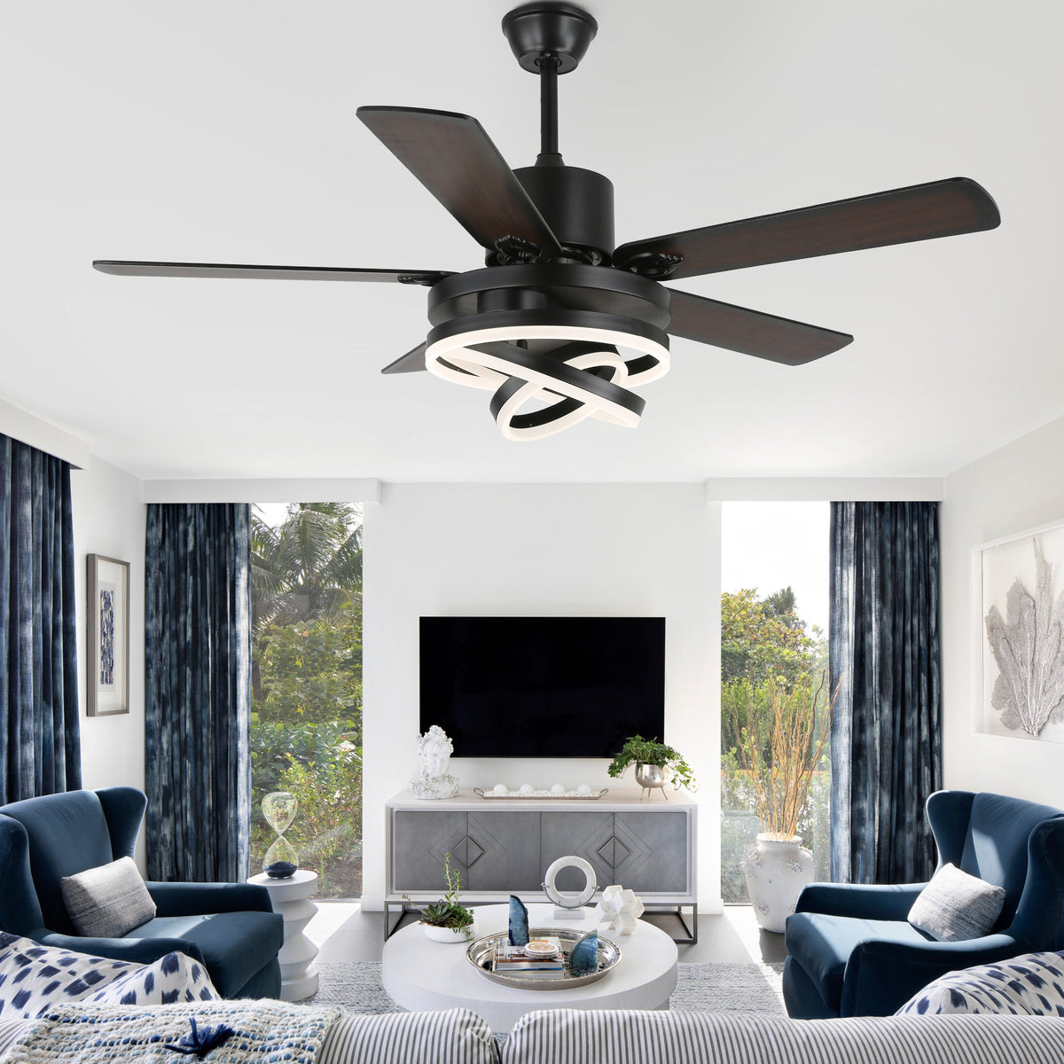 52 Inch Modern Ceiling Fan with LED Light and Remote Control, 6 Speeds DC Motor Reversible Ceiling Fan with DIY Shade