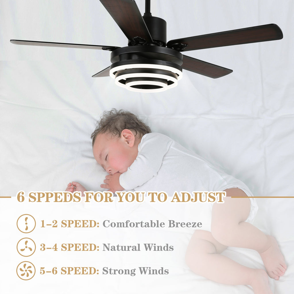 52 Inch Modern Ceiling Fan with LED Light and Remote Control, 6 Speeds DC Motor Reversible Ceiling Fan with DIY Shade