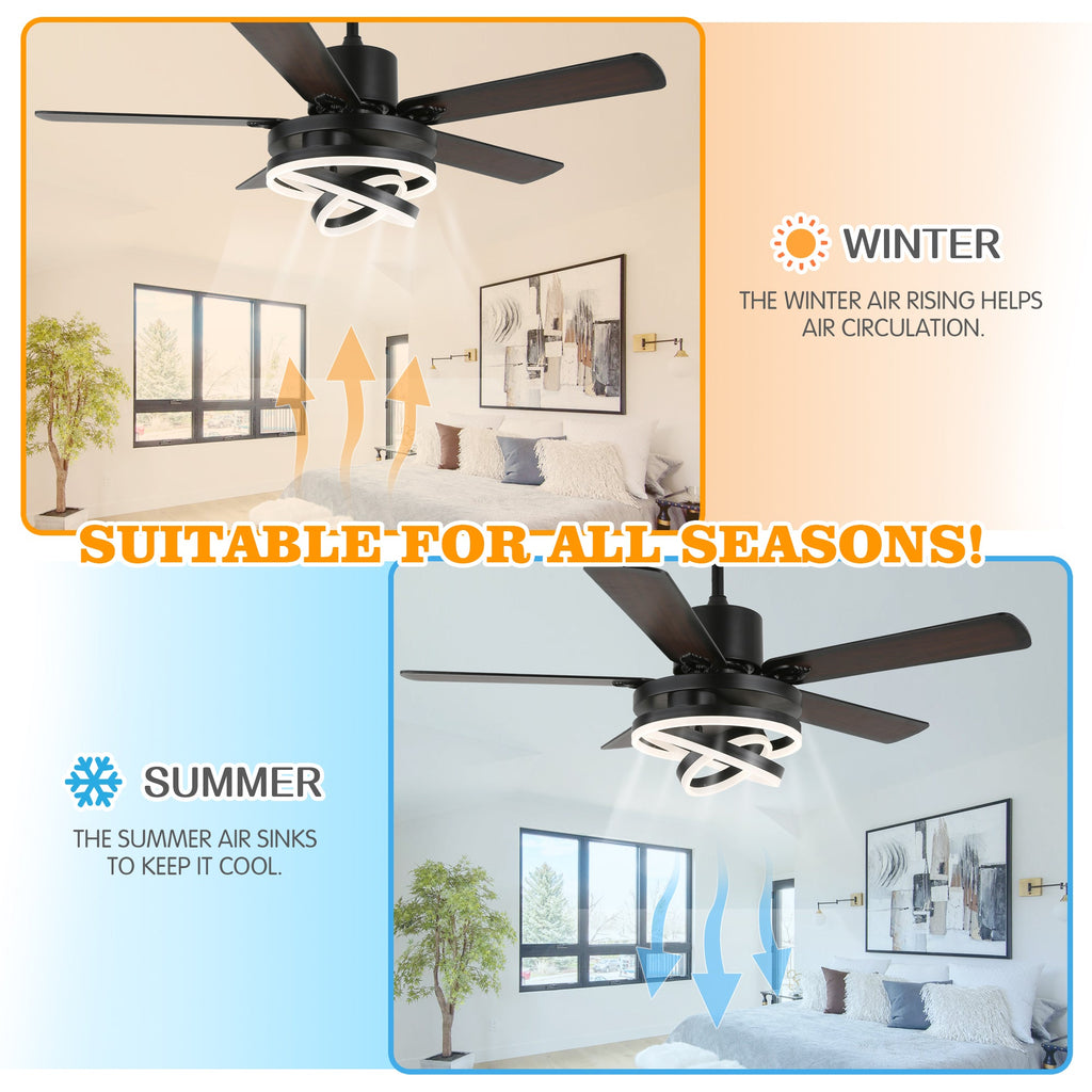 52 Inch Modern Ceiling Fan with LED Light and Remote Control, 6 Speeds DC Motor Reversible Ceiling Fan with DIY Shade