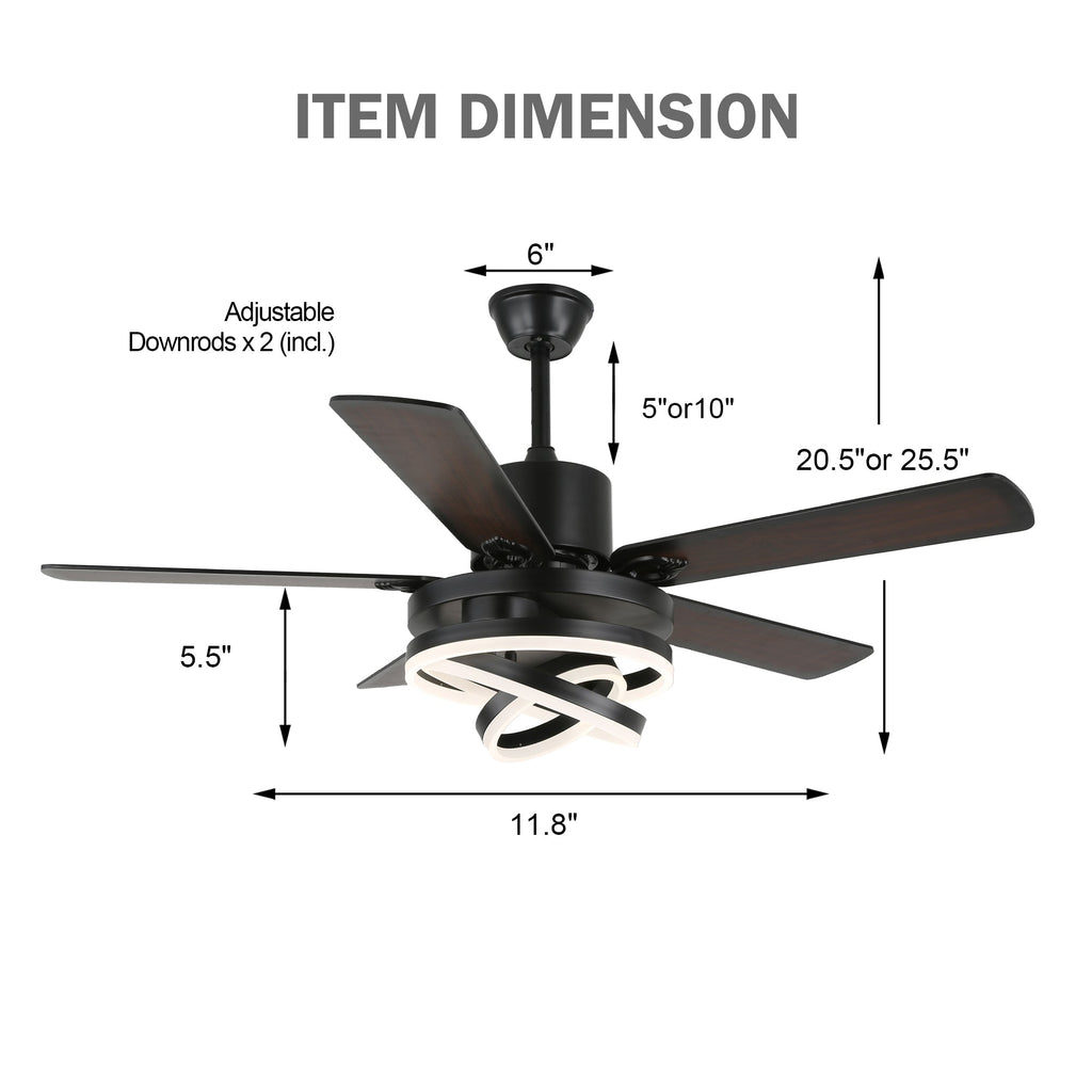 52 Inch Modern Ceiling Fan with LED Light and Remote Control, 6 Speeds DC Motor Reversible Ceiling Fan with DIY Shade